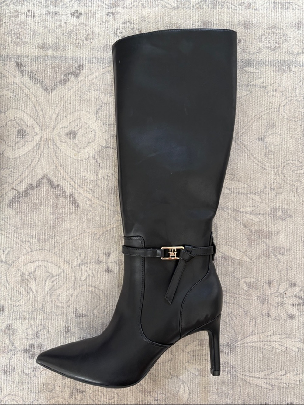Tommy Hilfiger Black Pointed-Toe Knee High Stiletto Boot with Gold Buckle